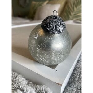 Vintage MCM Silver Mercury Kugel Style Crackle  Glass Ball Ornament 3.5"